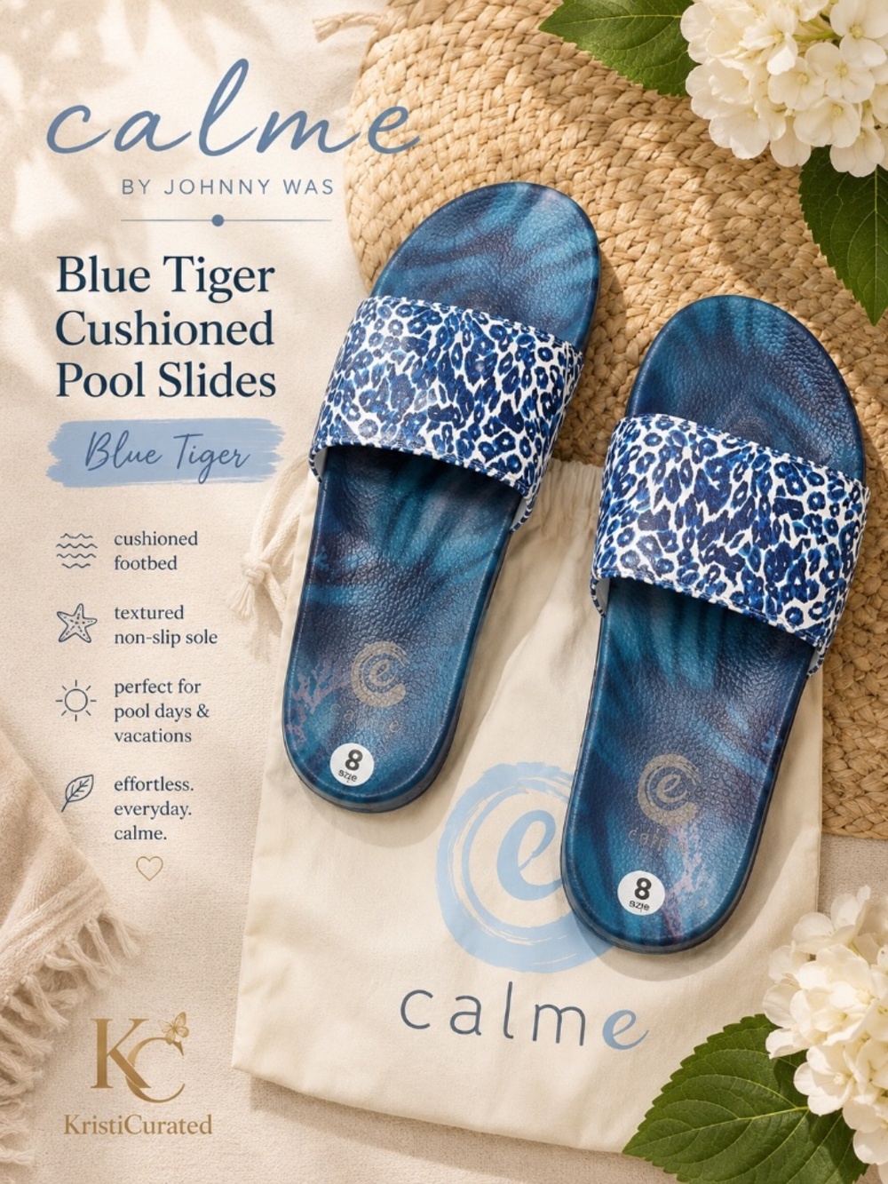 Johnny Was Calme Blue Tiger Cushioned Pool Slides NWT Size 8